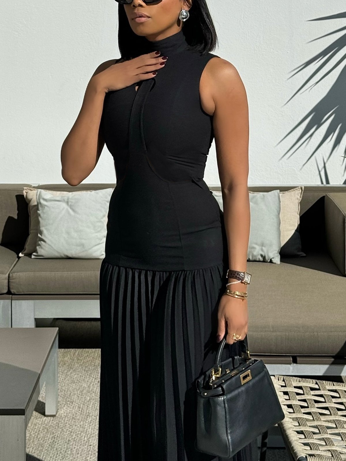 Turtleneck Plain Vacation Sleeveless Maxi Dress