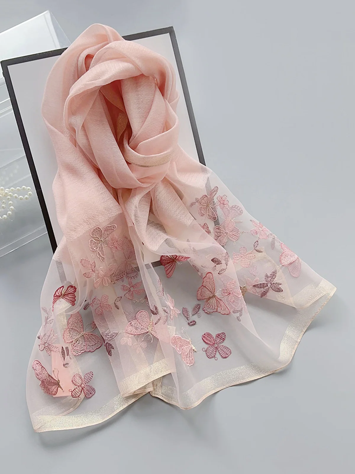 Elegant Floral Butterfly Embroidered Imitation Silk Scarf