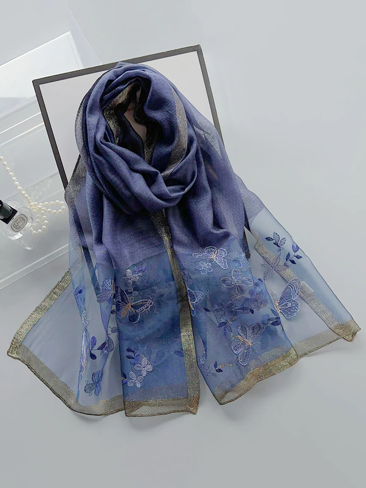 Elegant Floral Butterfly Embroidered Imitation Silk Scarf
