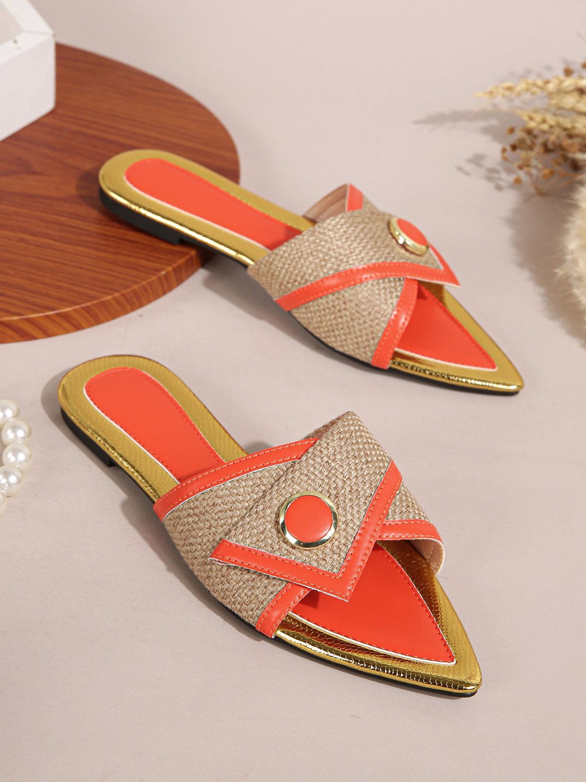 Colorblock Linen Paneled Slide Sandals