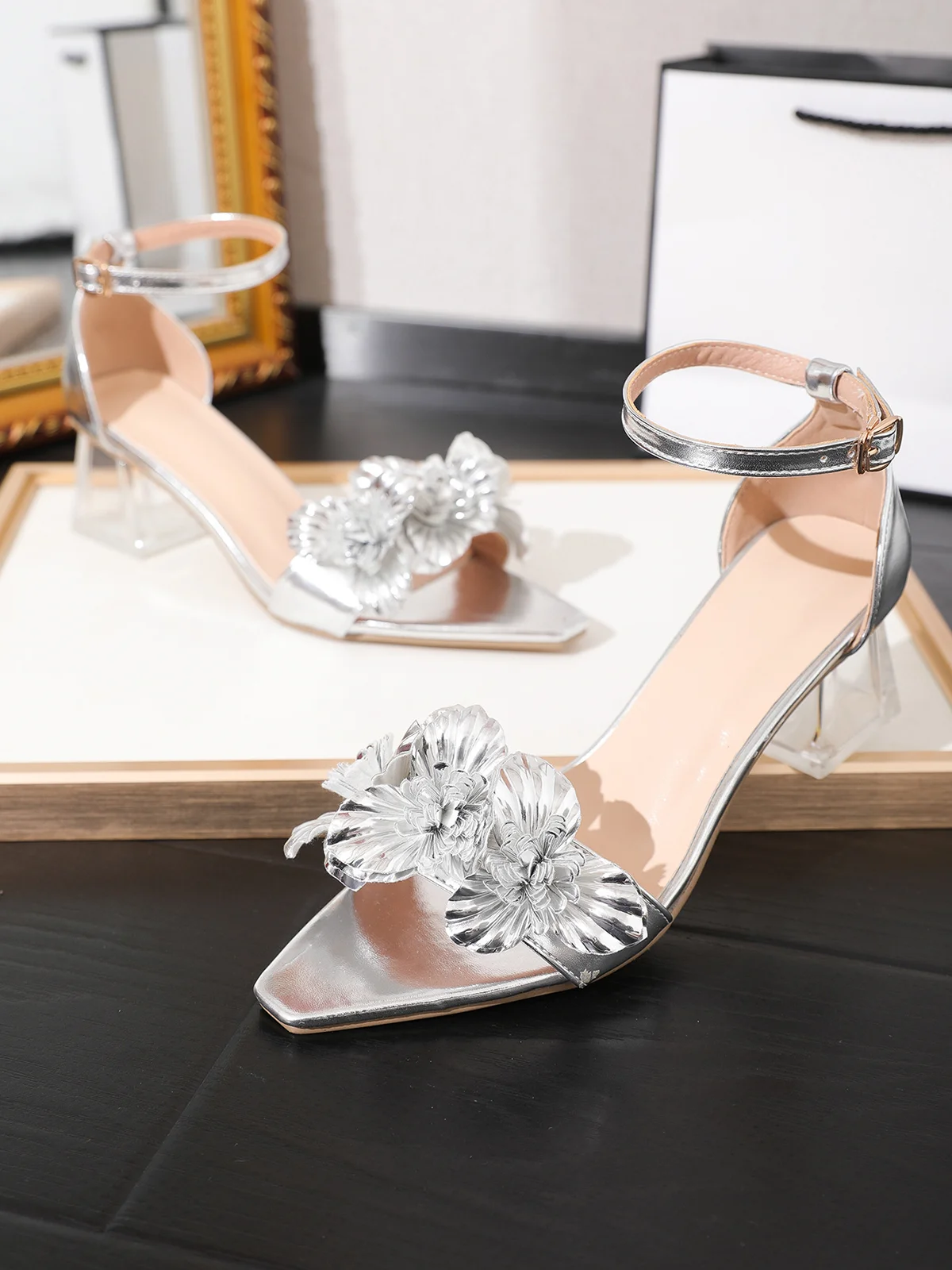 Glamorous Flower Crystal Chunky Heeled Ankle Strap Sandals