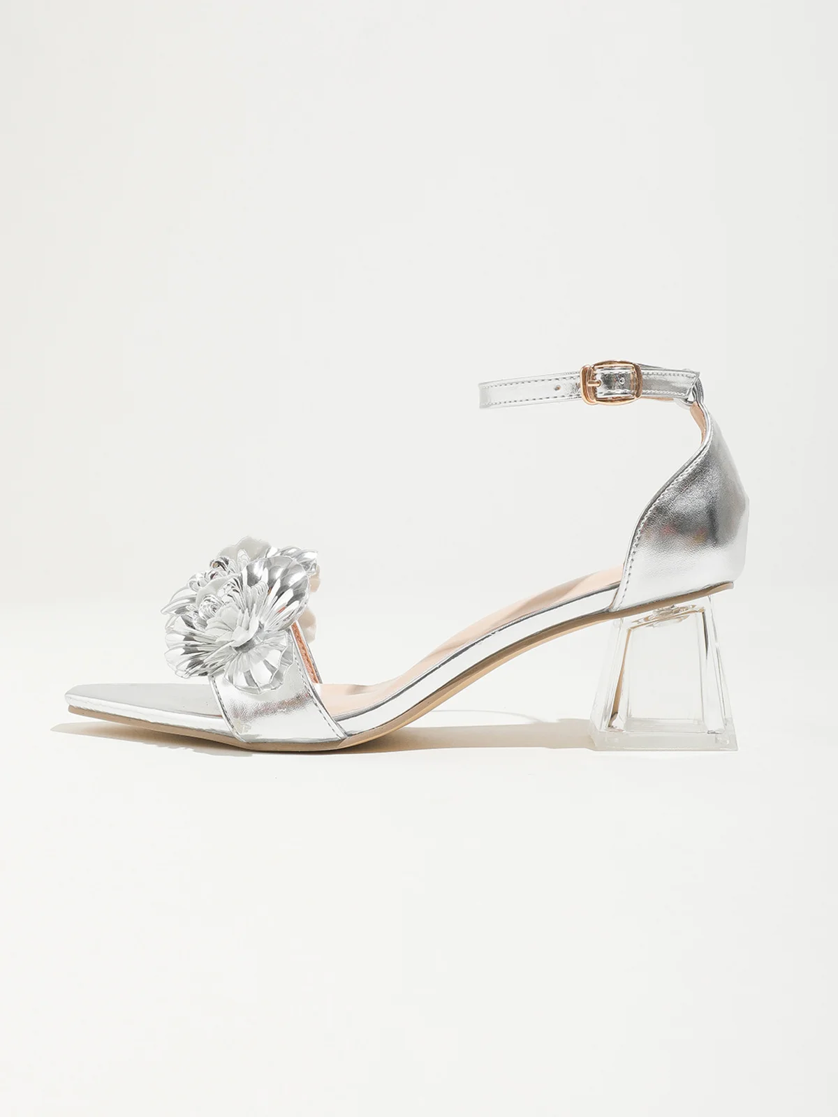 Glamorous Flower Crystal Chunky Heeled Ankle Strap Sandals