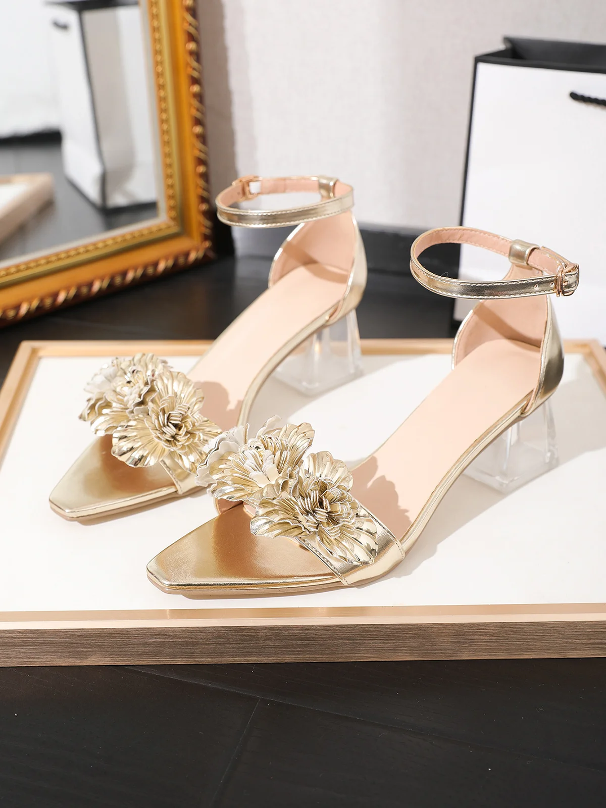 Glamorous Flower Crystal Chunky Heeled Ankle Strap Sandals