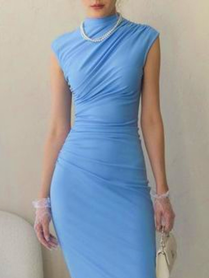 Ruched Elegant Tight Mock Neck Dress