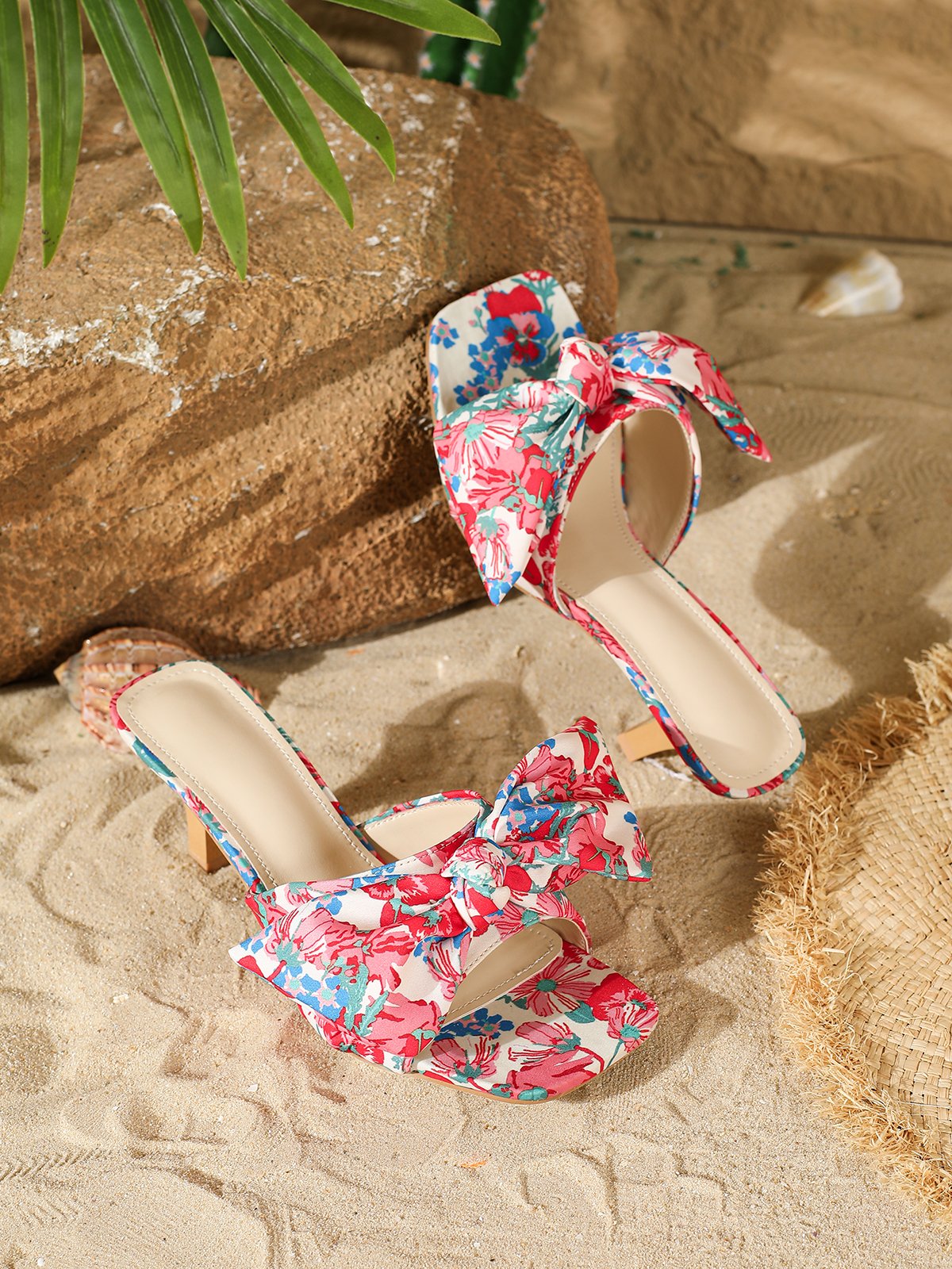 Elegant Floral Printed Bowknot Block Heel Mule Sandals