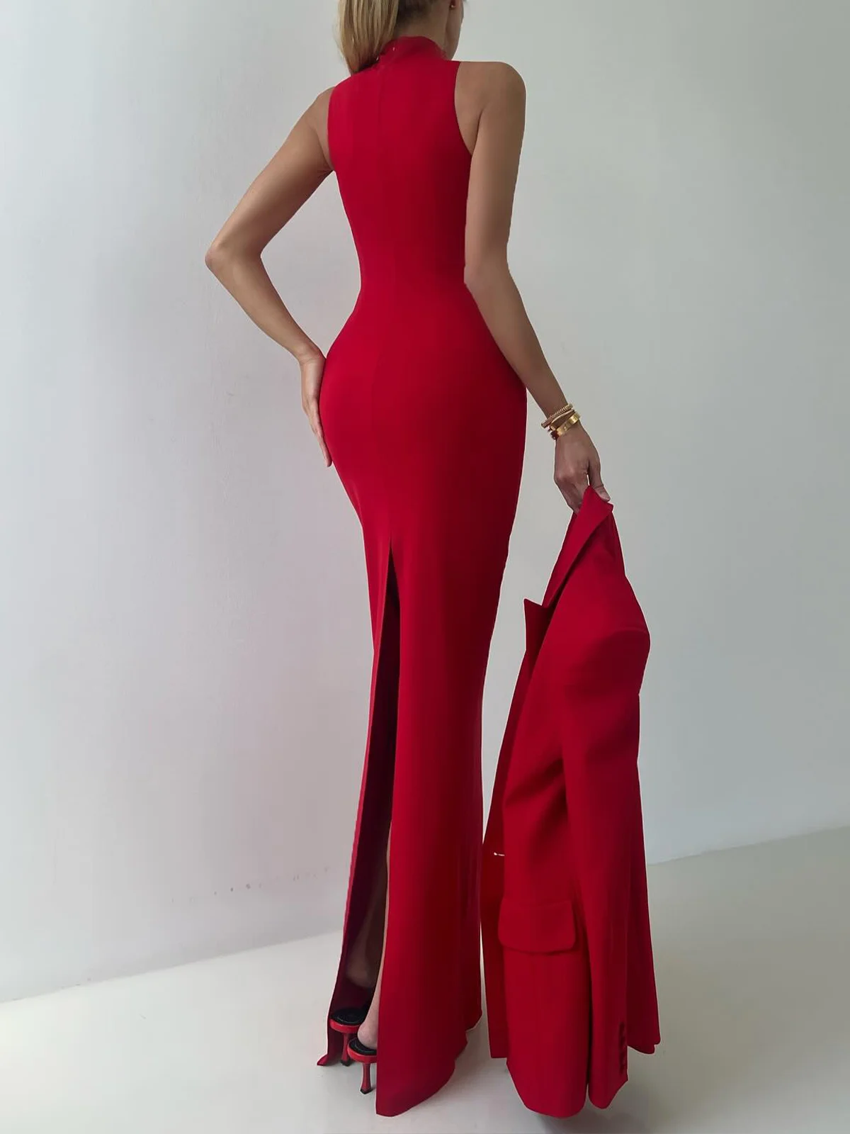 Elegant Stand Collar Sleeveless Maxi Dress