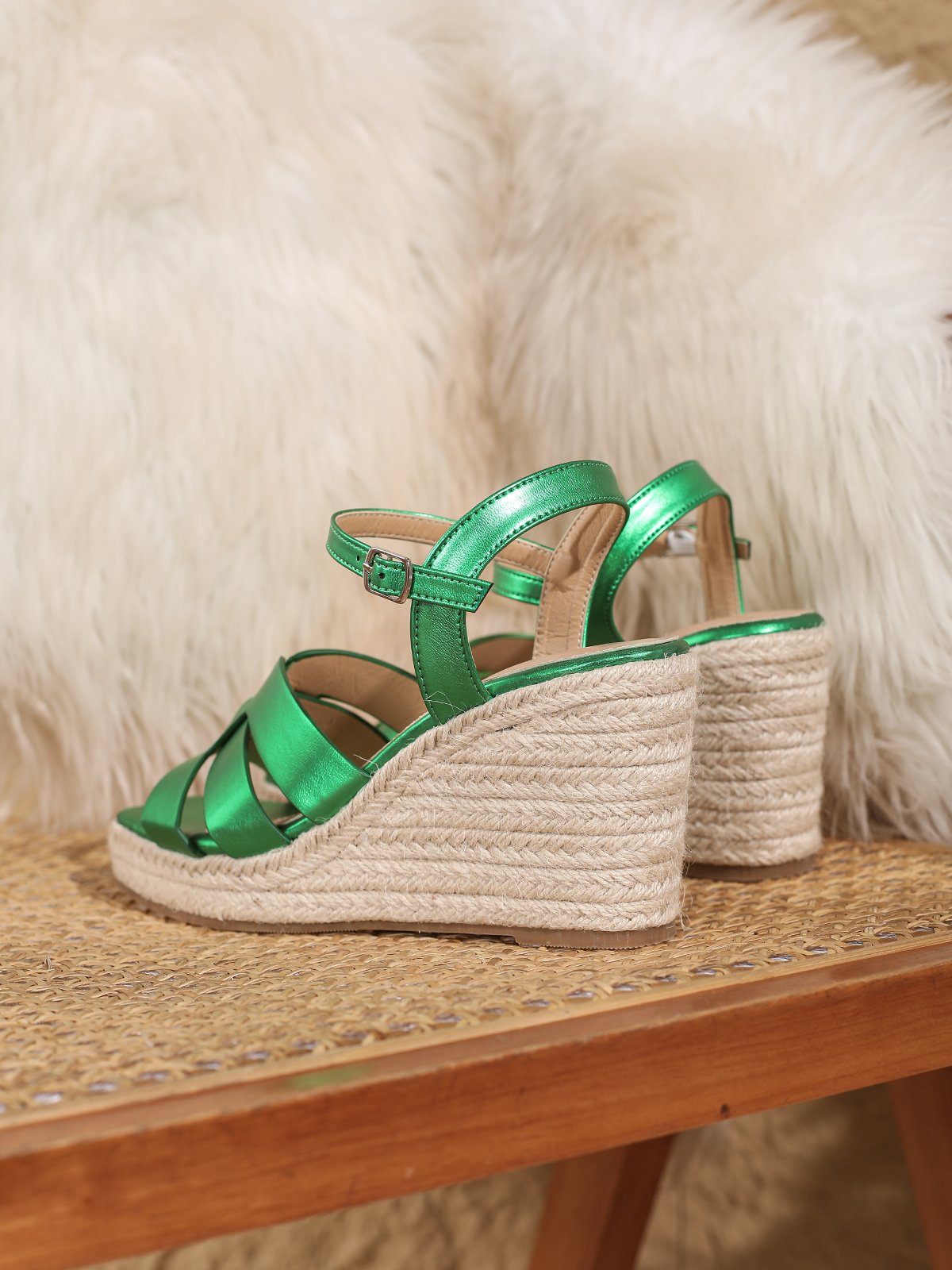 Woven Hollow Out Wedge Heel Ankle Strap Espadrille Sandals