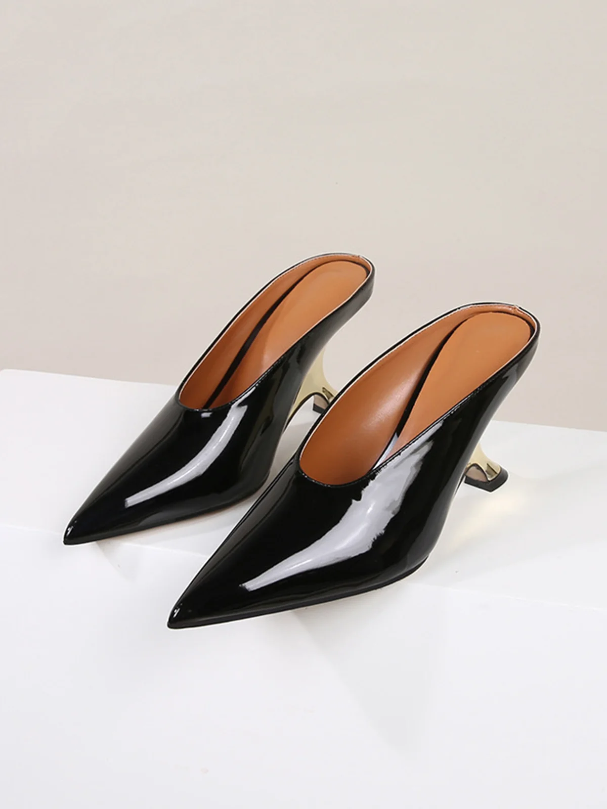 Glamorous Patent Leather Sculptural Wedge Heel Mules