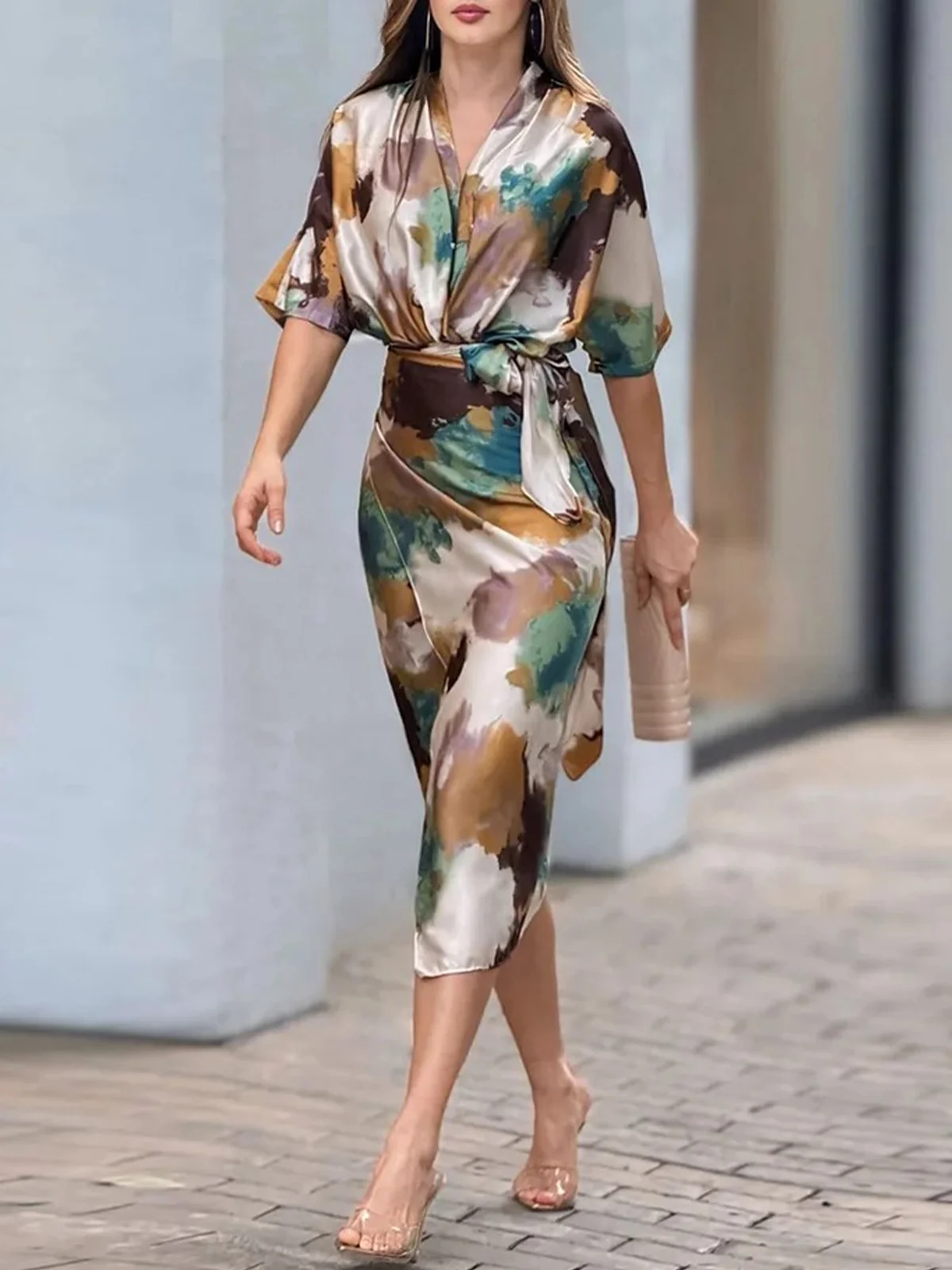 V Neck Regular Fit Abstract Elegant Half Sleeve Dress