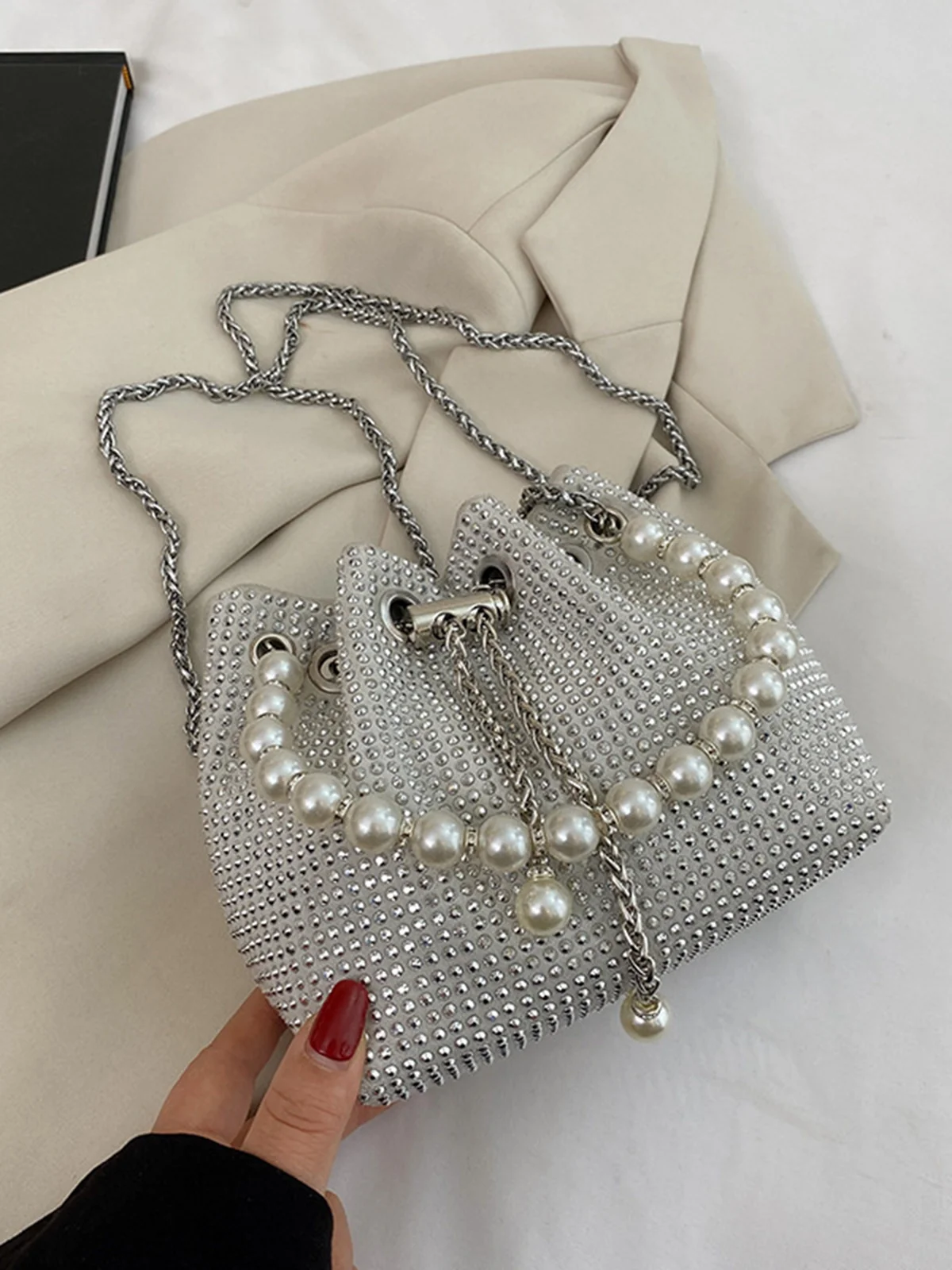 Sparkling Rhinestone Imitation Pearl Handle Bucket Bag Metal Chain Crossbody Bag