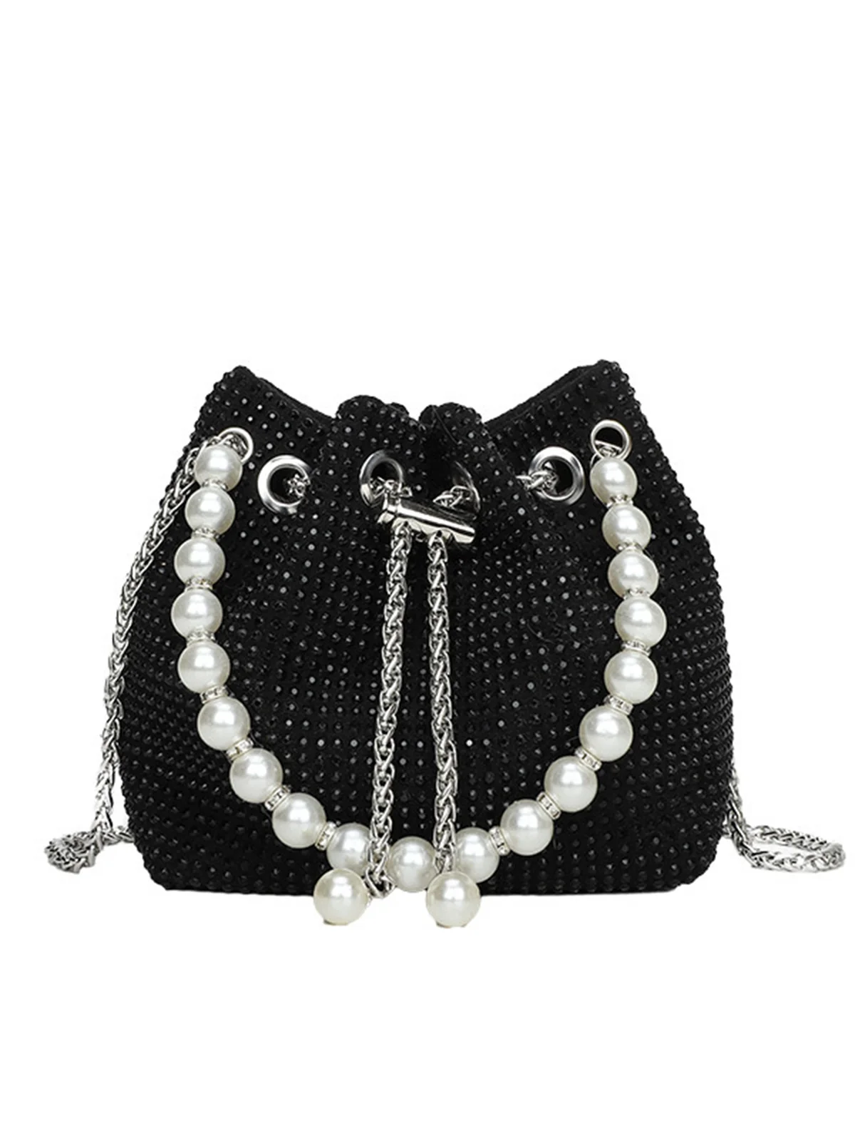 Sparkling Rhinestone Imitation Pearl Handle Bucket Bag Metal Chain Crossbody Bag