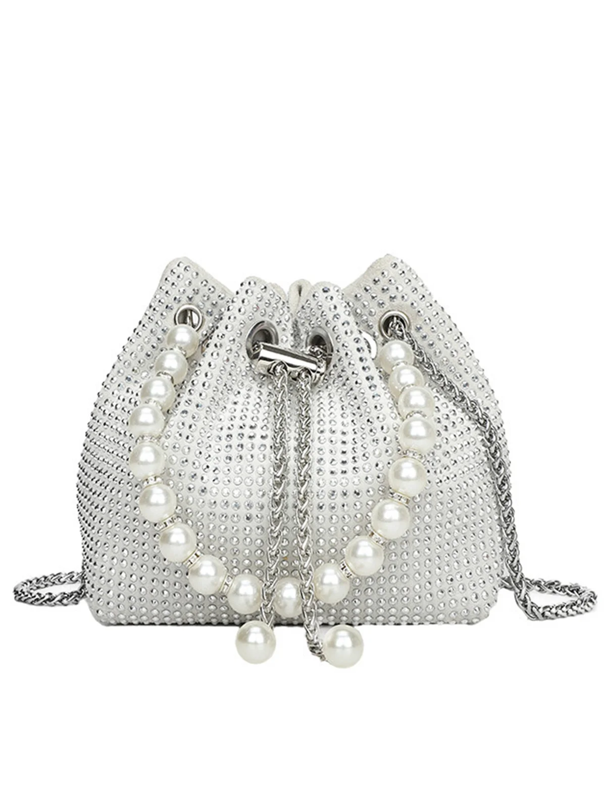 Sparkling Rhinestone Imitation Pearl Handle Bucket Bag Metal Chain Crossbody Bag