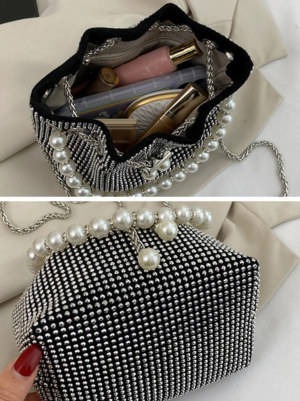 Sparkling Rhinestone Imitation Pearl Handle Bucket Bag Metal Chain Crossbody Bag