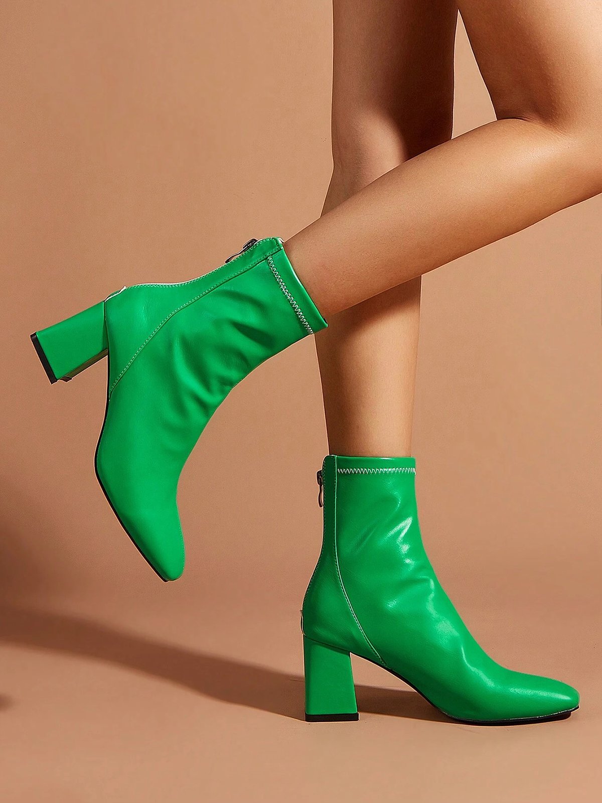 Minimalist Back Zip Square Toe Chunky Heel Mid-calf Boots