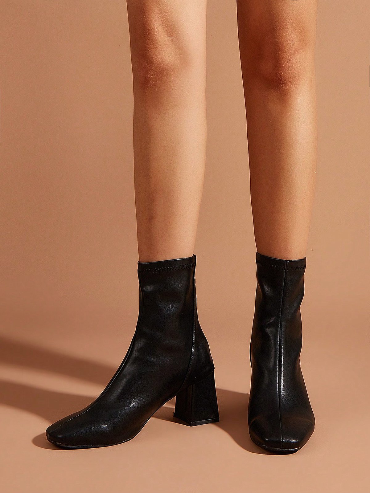 Minimalist Back Zip Square Toe Chunky Heel Mid-calf Boots