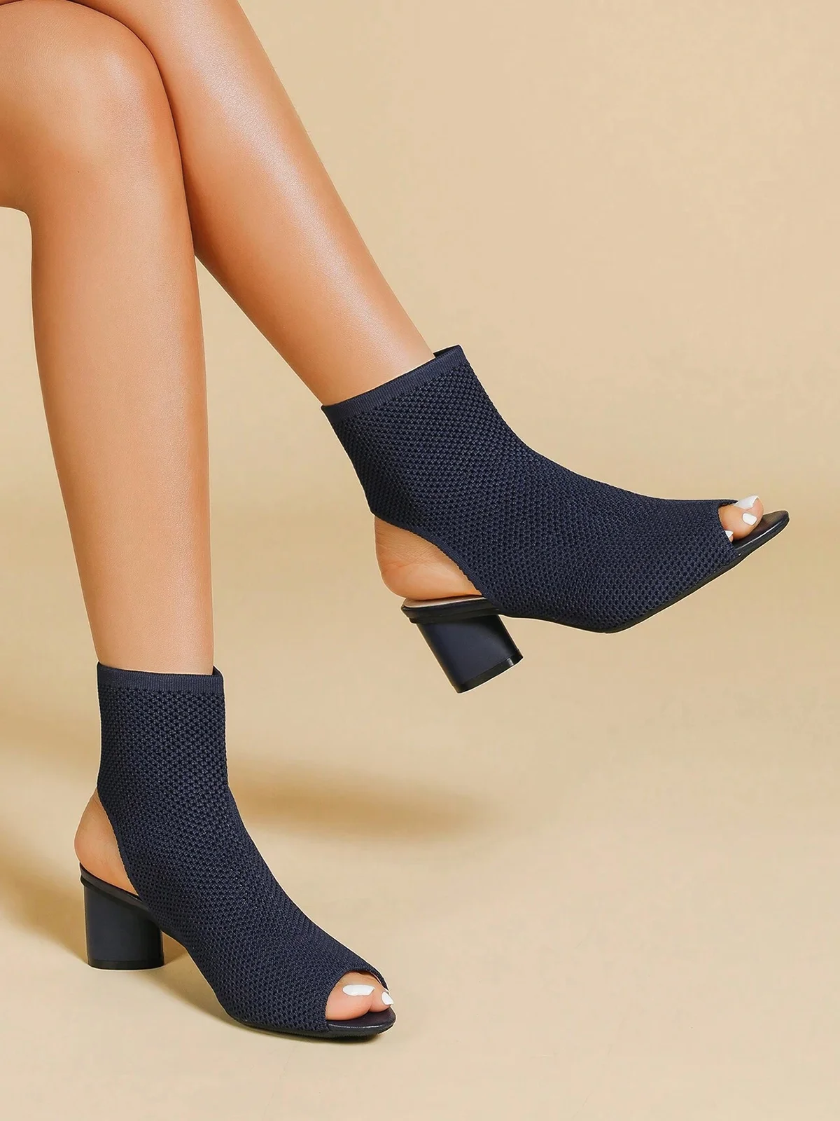 Minimalist Breathable Mesh Fabric Peep Toe Chunky Heel Boots