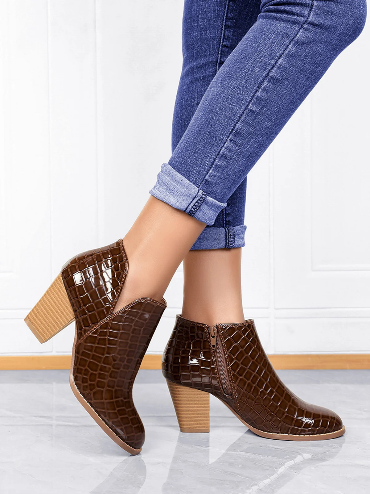 Coffee Crocodile Embossed Chunky Heel Chelsea Boots