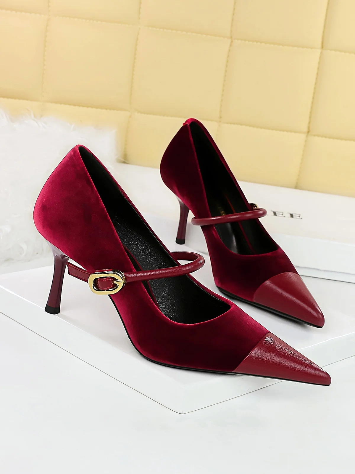 Elegant Velvet Paneled Adjustable Buckle Mary Jane Pumps