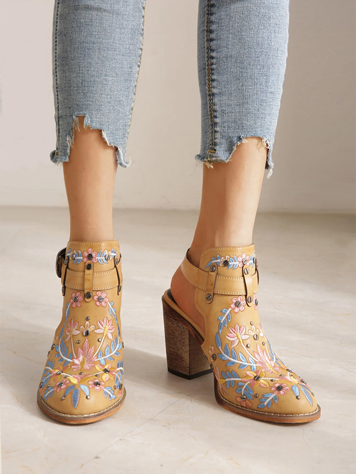 Vintage Floral Embroidered Studded Slingback Boots