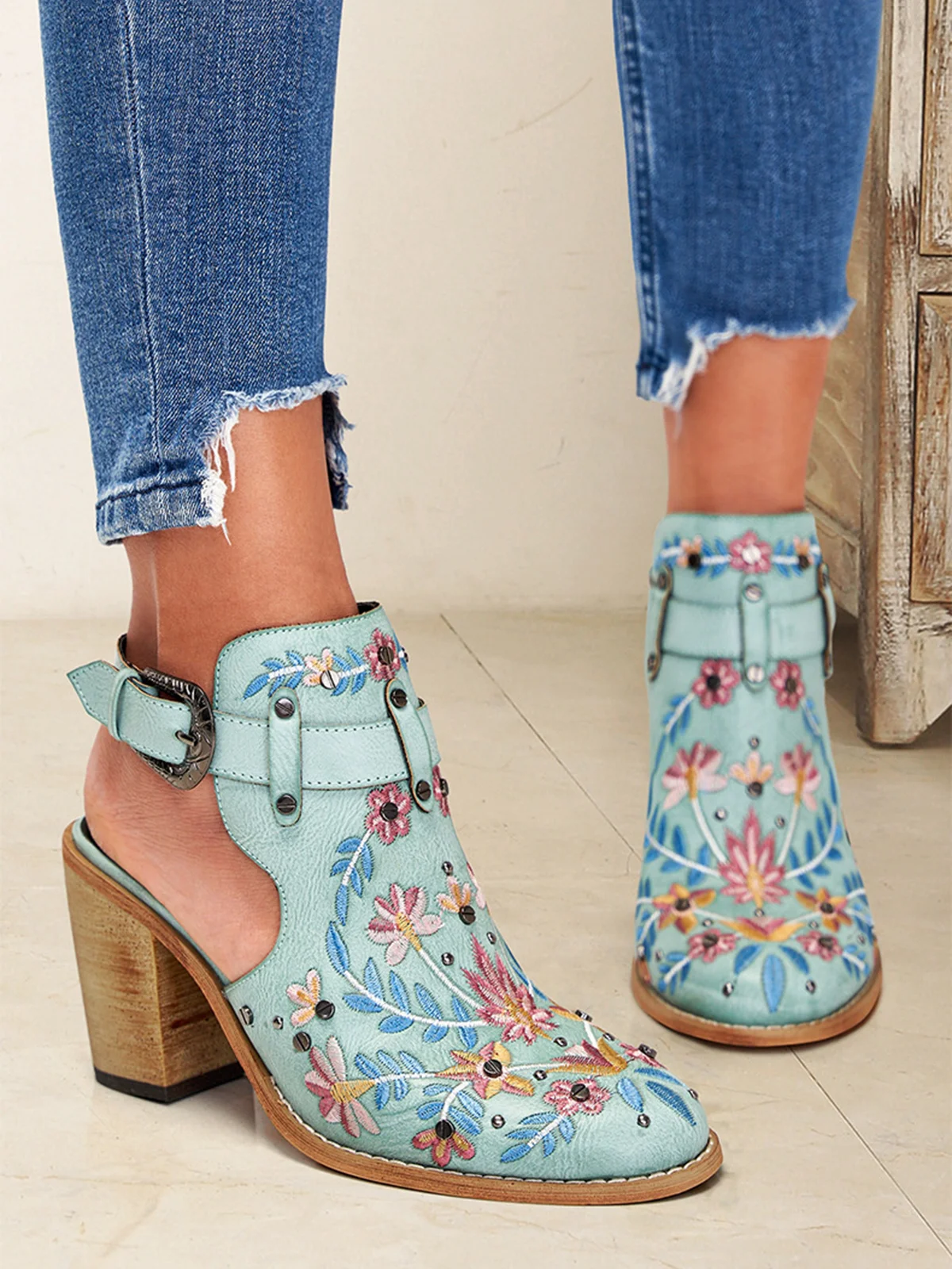 Vintage Floral Embroidered Studded Slingback Boots