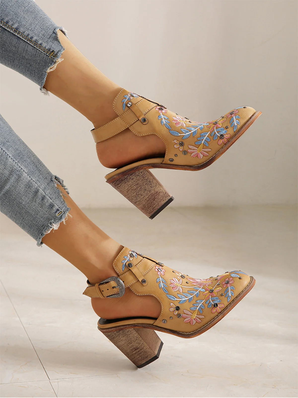 Vintage Floral Embroidered Studded Slingback Boots