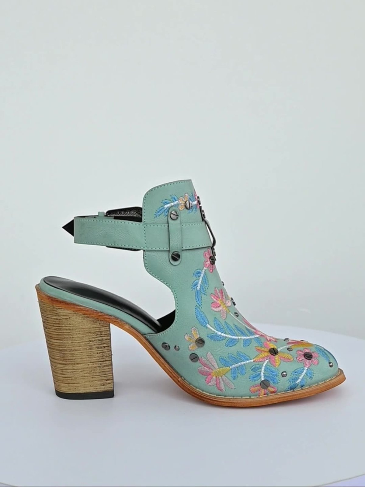 Vintage Floral Embroidered Studded Slingback Boots