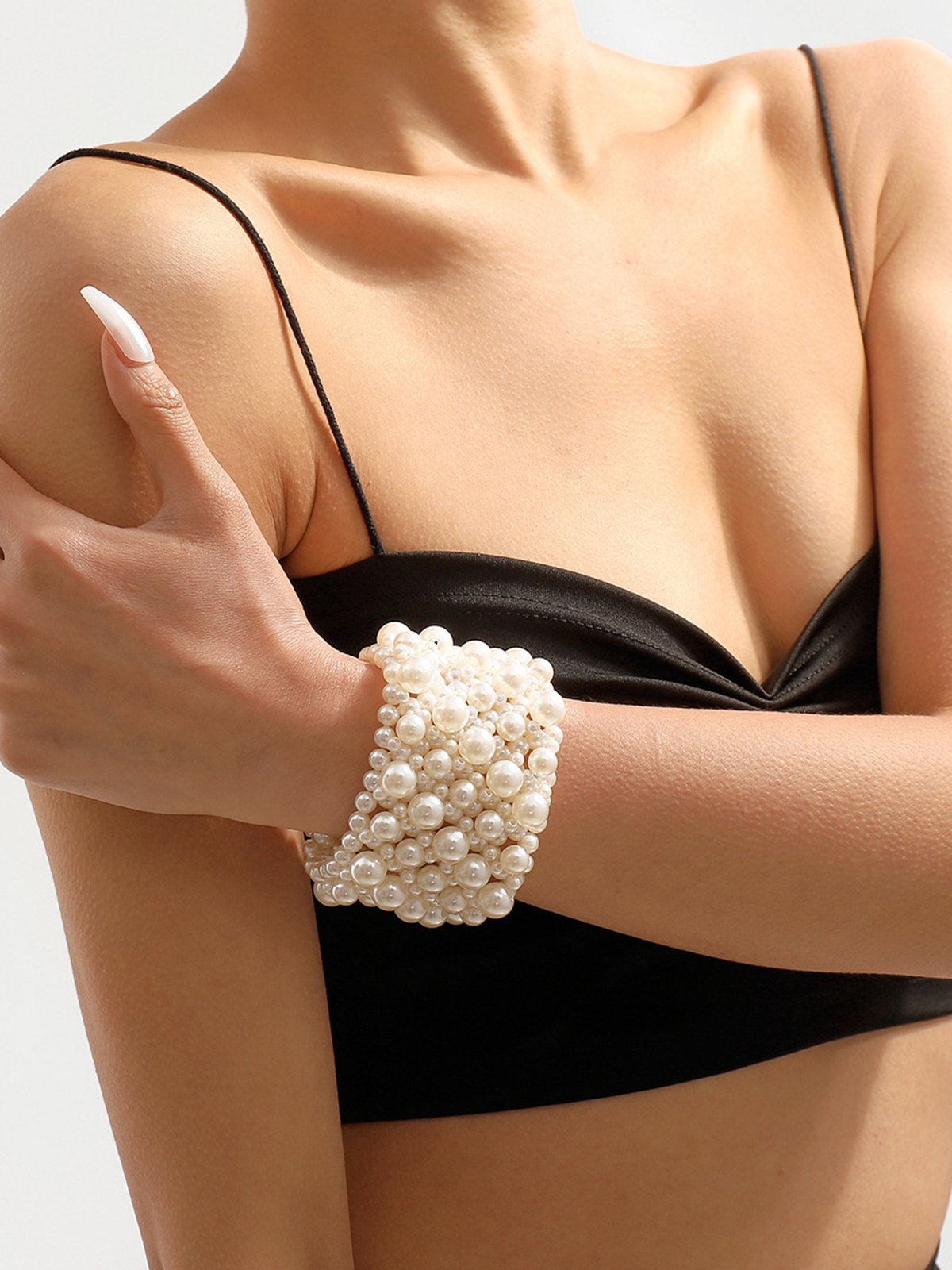 Elegant Faux Pearl Beaded Wide Bracelet