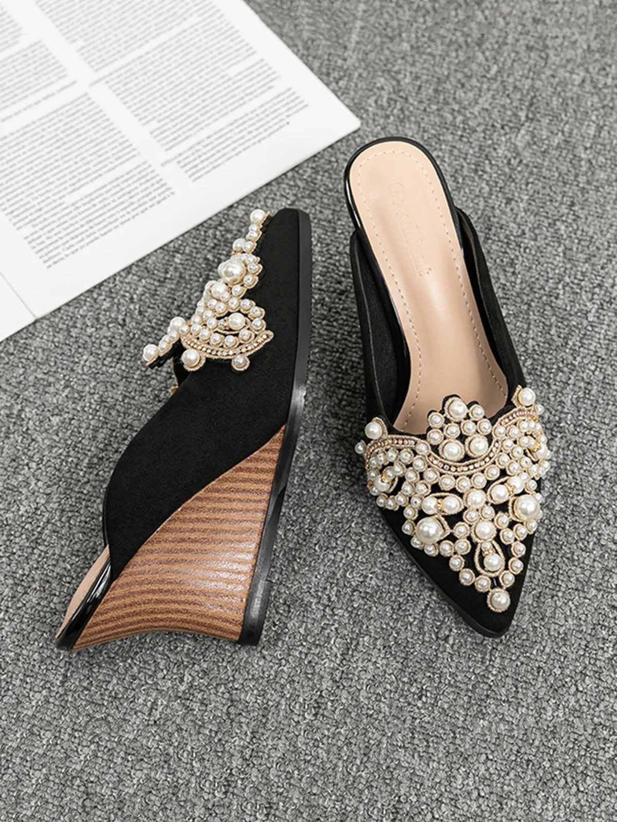 Elegant Faux Pearl Wedge Heel Mules