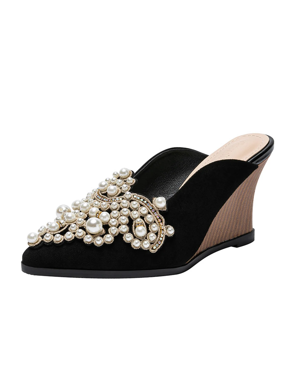 Elegant Faux Pearl Wedge Heel Mules