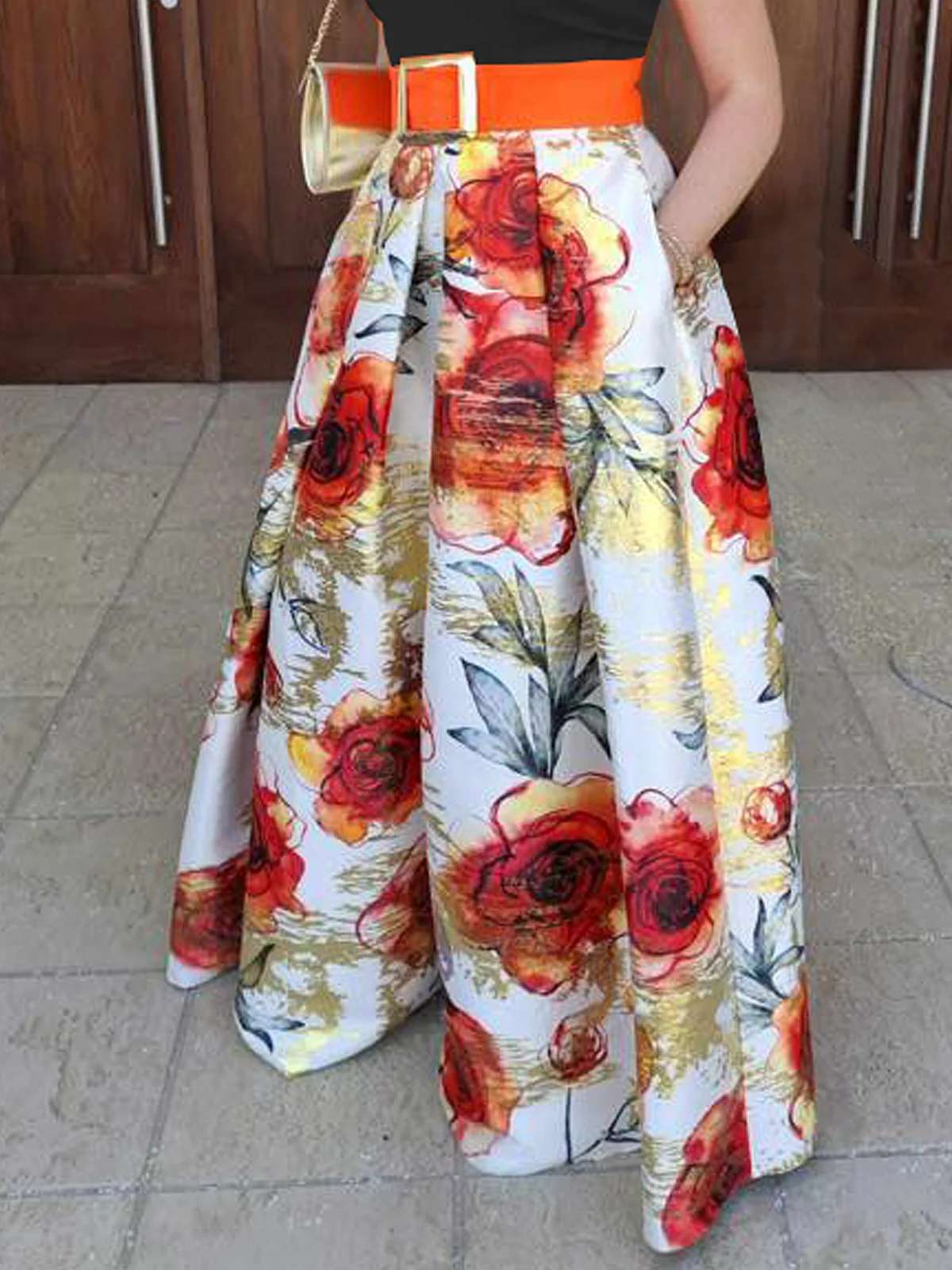 Elegant Loose Print Belt Maxi Skirt