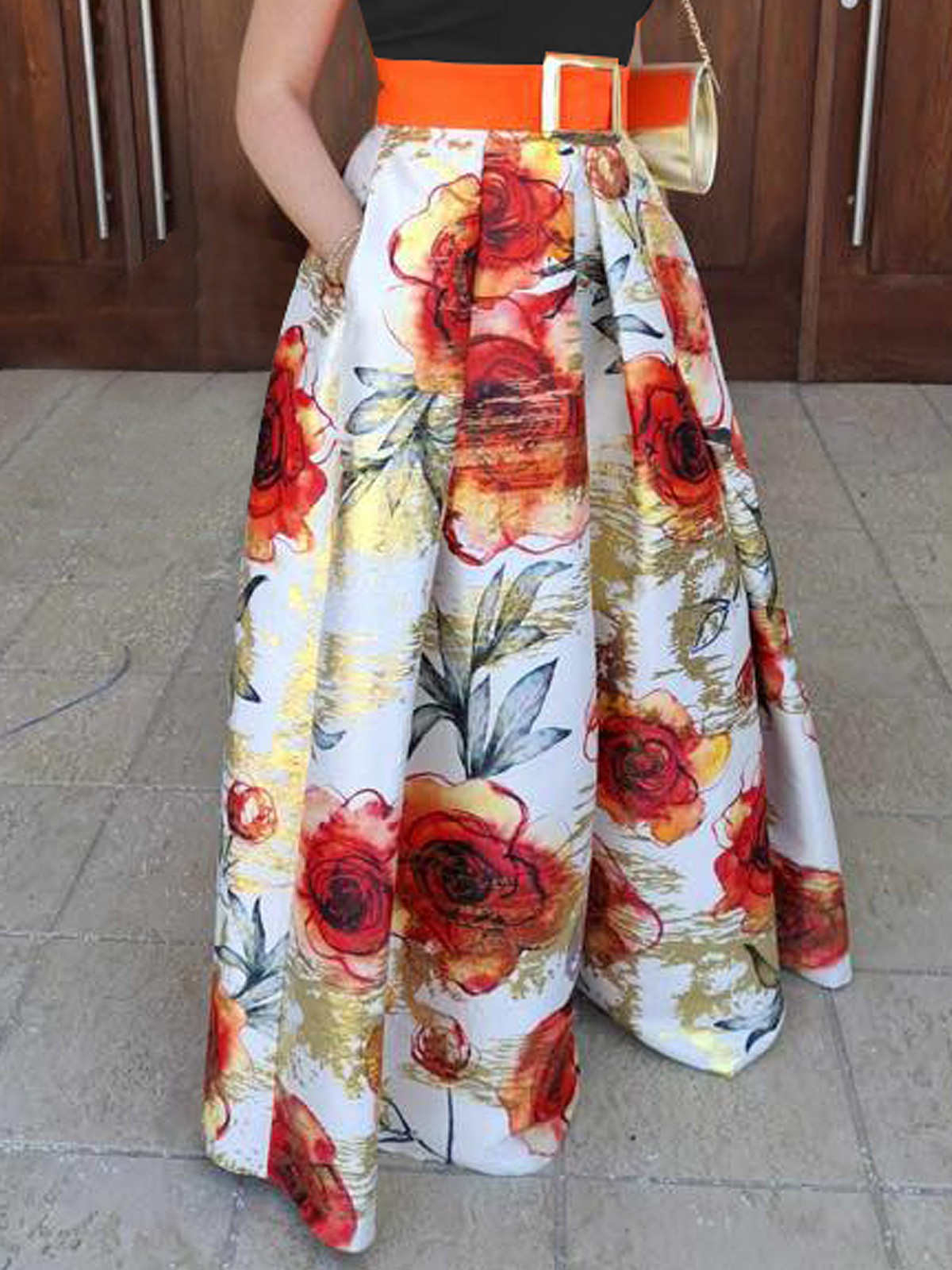 Elegant Loose Print Belt Maxi Skirt