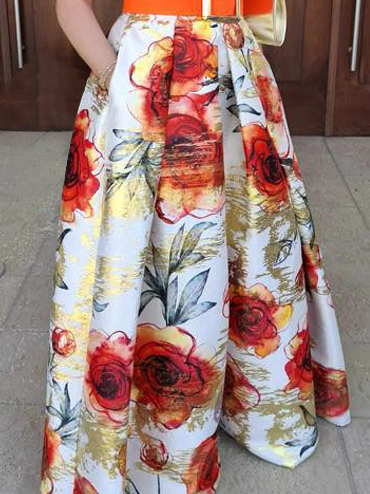 Elegant Loose Print Belt Maxi Skirt