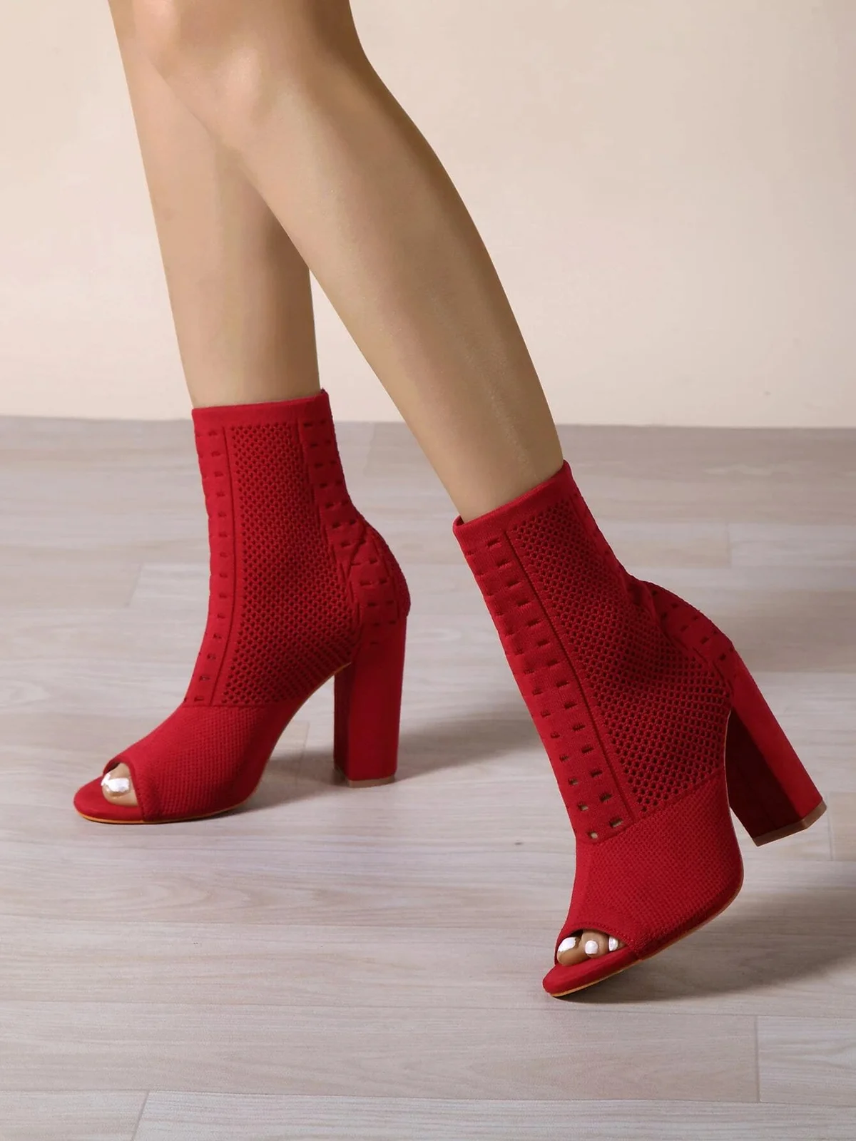 Minimalist Peep Toe Chunky Heel Elastic Sock Boots