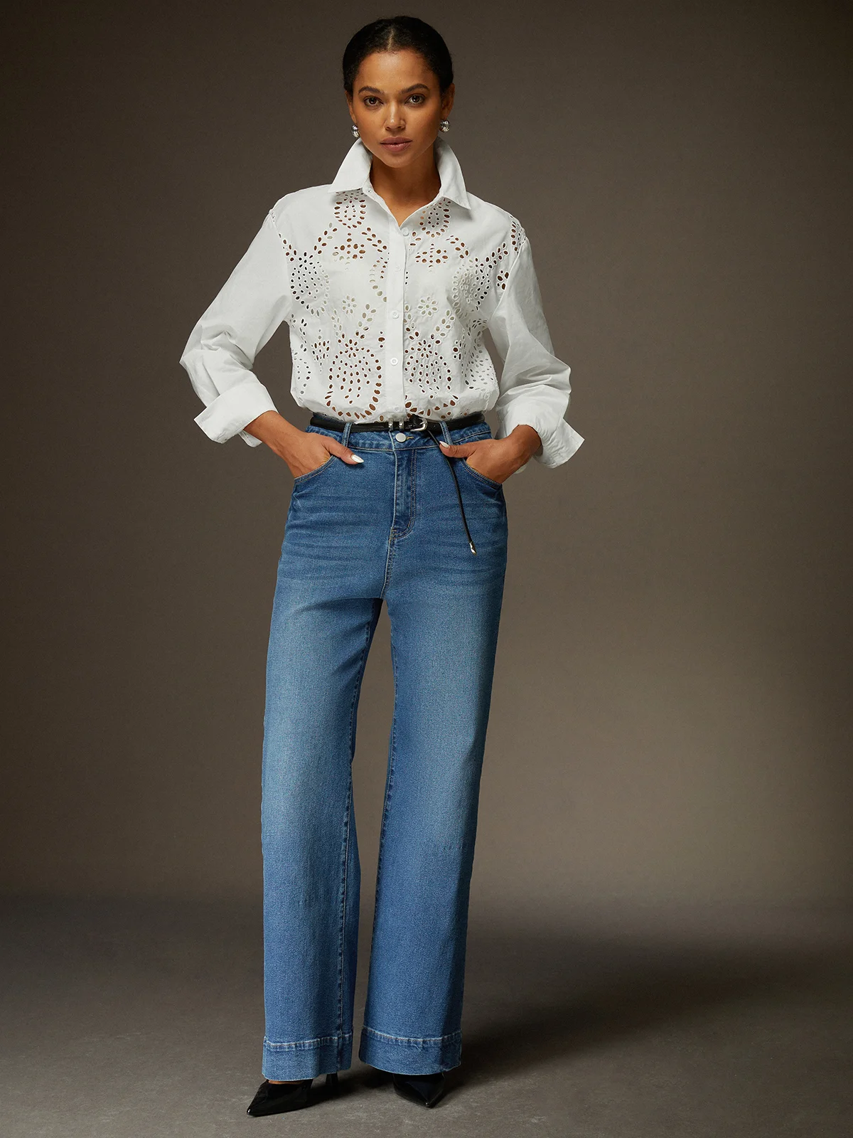 Eyelet Long Sleeve Cotton Shirt