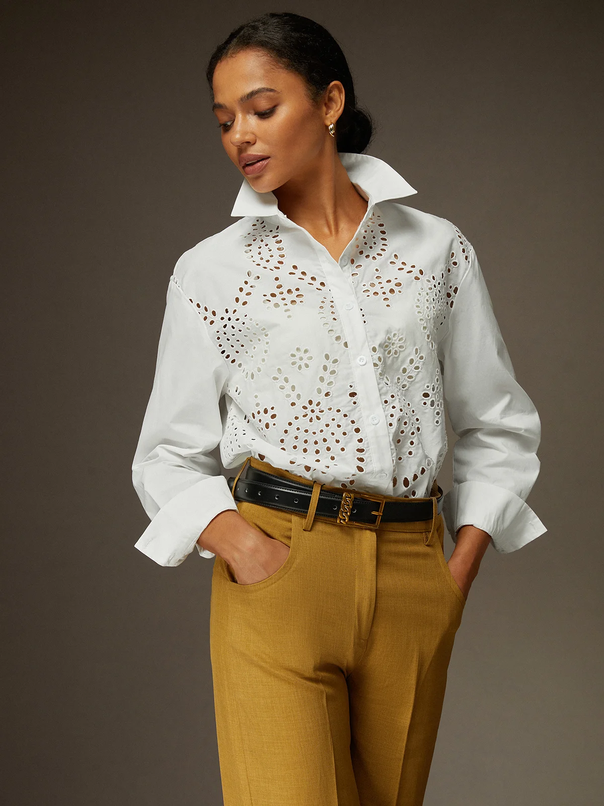 Eyelet Long Sleeve Cotton Shirt