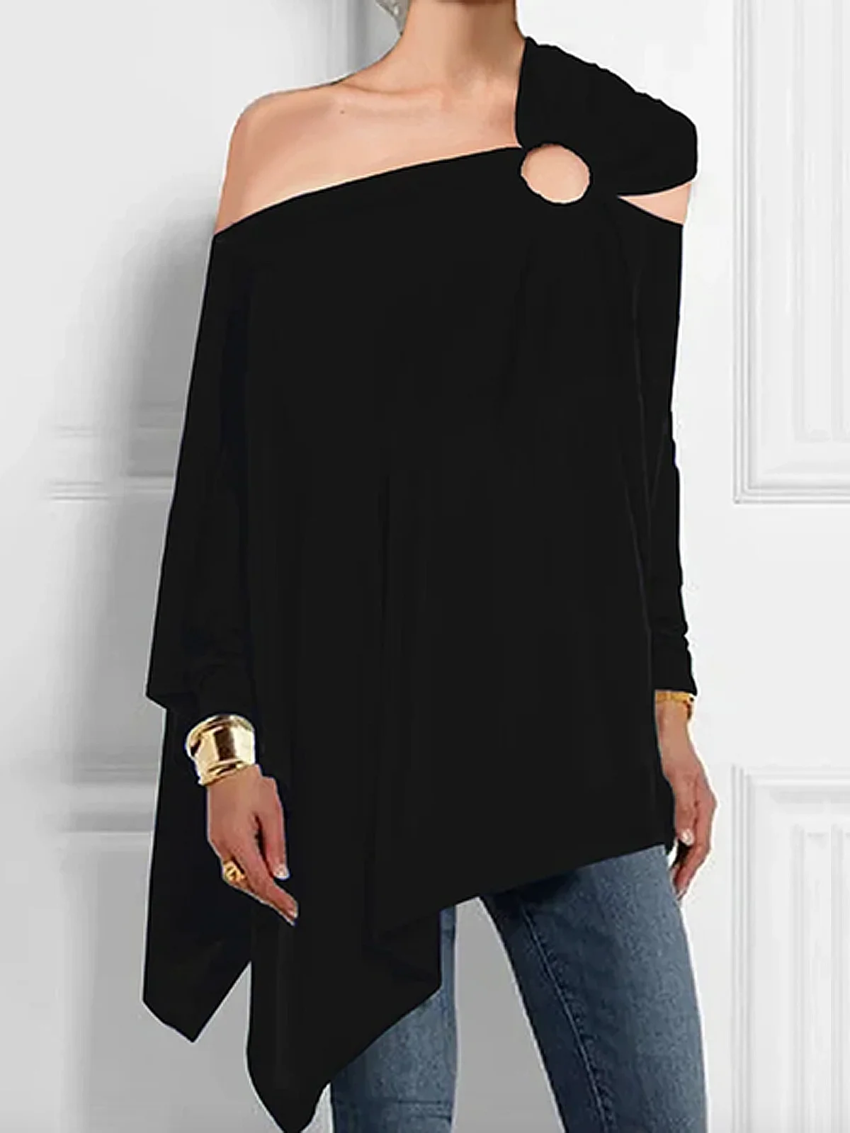 Plain Off Shoulder Sleeve Long Off Shoulder Sleeve Sleeve Loose Urban Asymmetrical Blouse