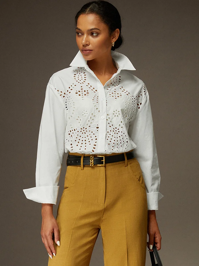 Eyelet Long Sleeve Cotton Shirt