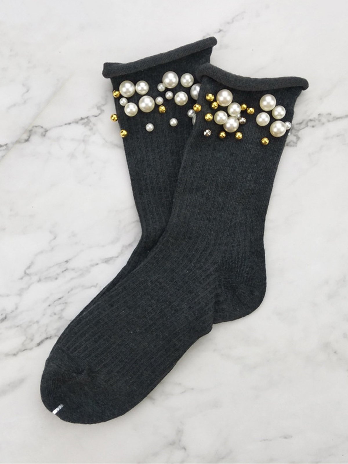 1pair Faux Pearl Beaded Mid-calf Socks