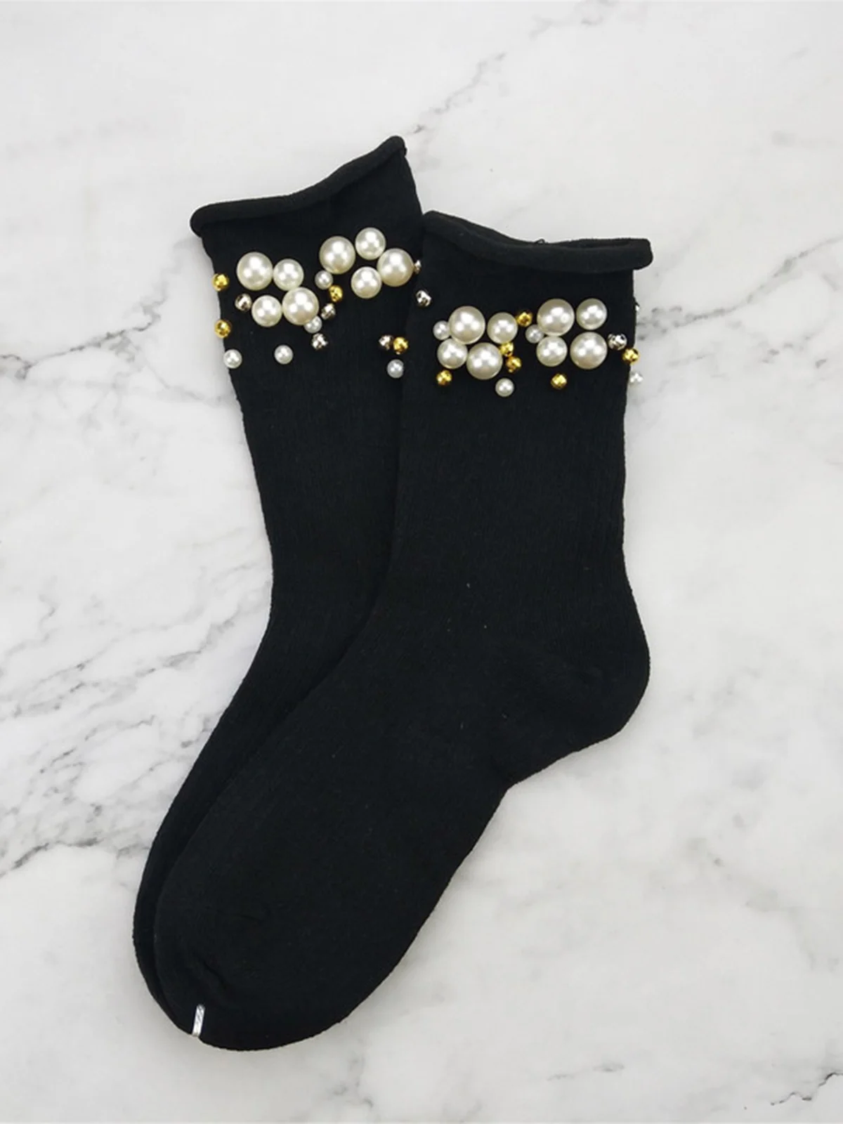 1pair Faux Pearl Beaded Mid-calf Socks