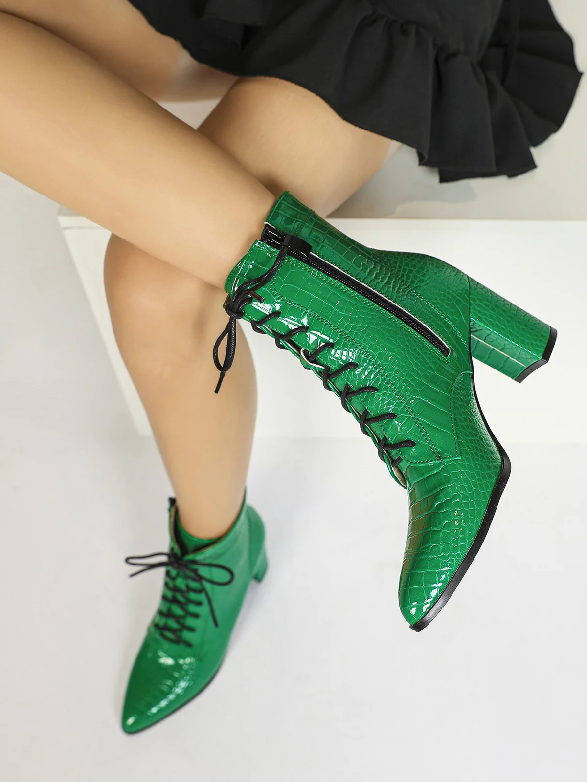 Crocodile Embossed Chunky Heel Fashion Boots