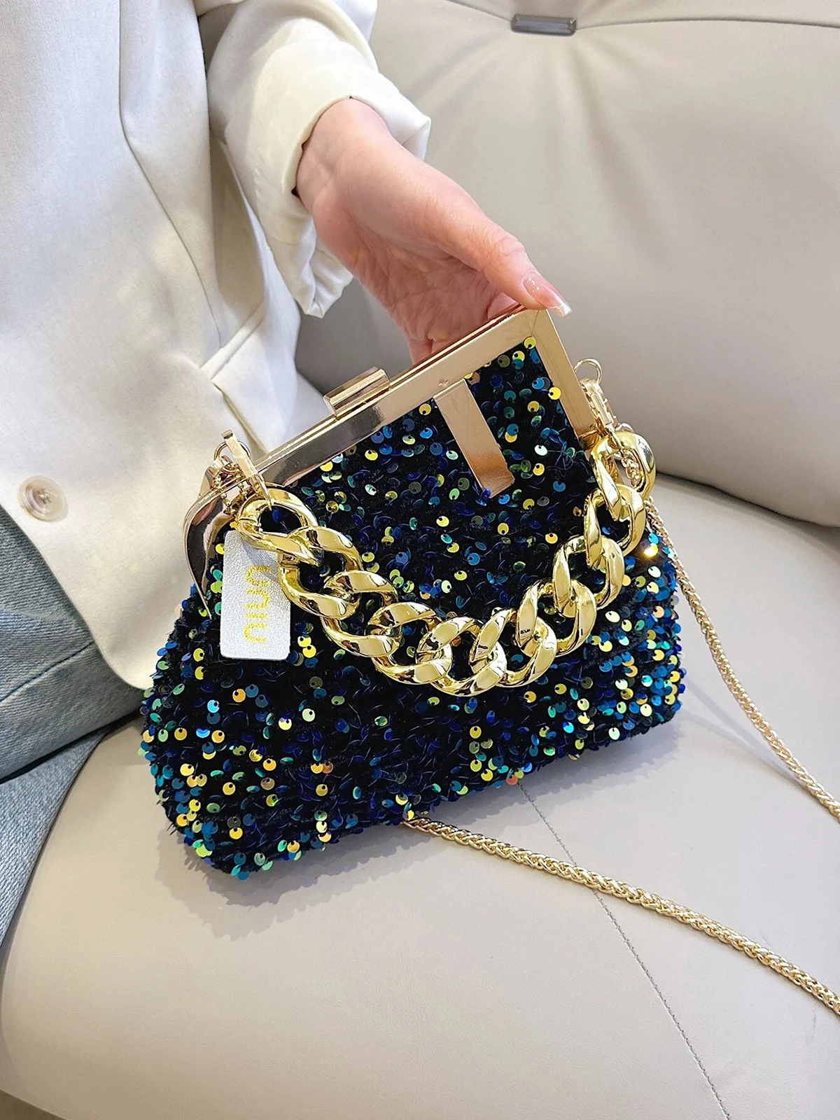 Glamorous Irregular Sequin Clutch Metal Chain Handbag with Crossbody Strap