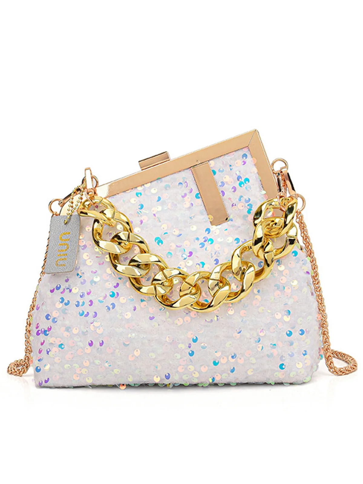 Glamorous Irregular Sequin Clutch Metal Chain Handbag with Crossbody Strap