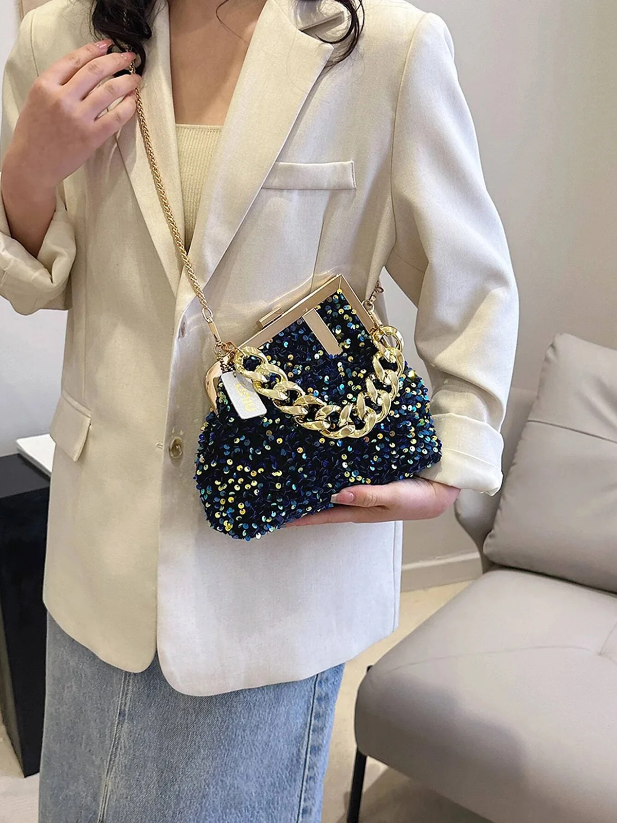 Glamorous Irregular Sequin Clutch Metal Chain Handbag with Crossbody Strap