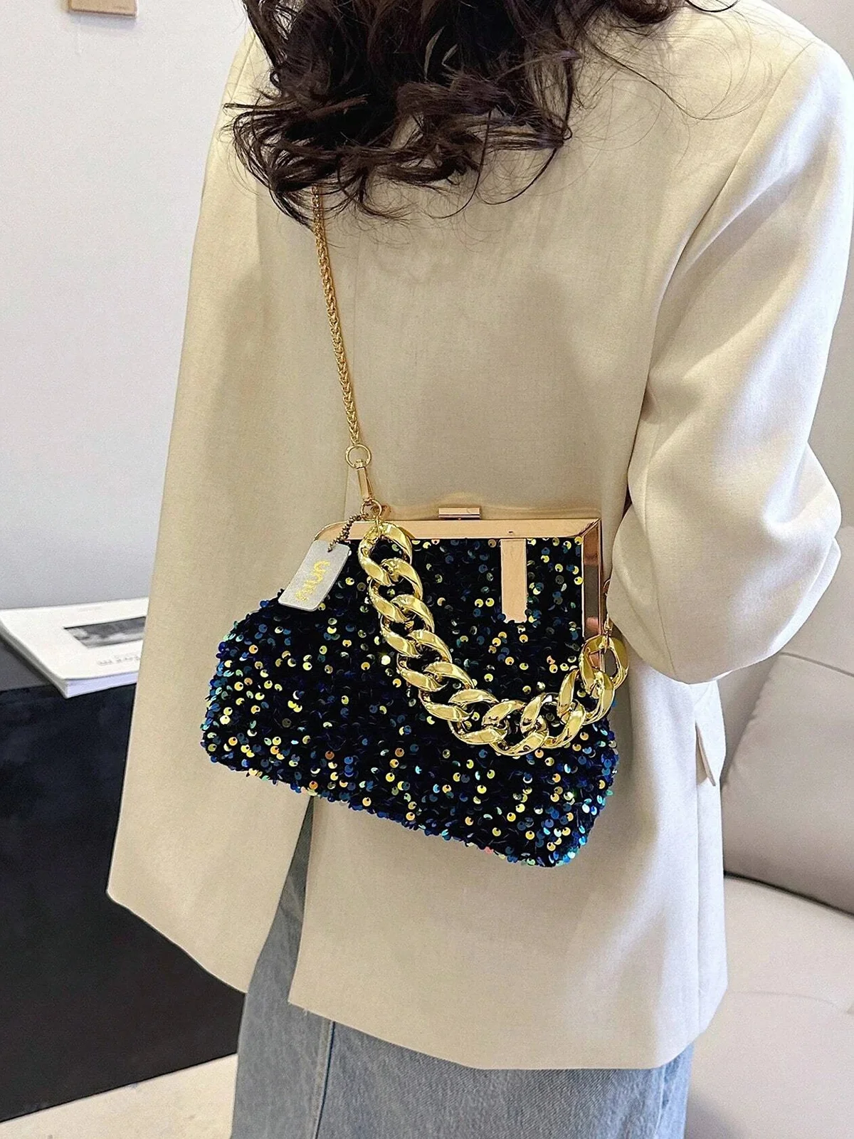 Glamorous Irregular Sequin Clutch Metal Chain Handbag with Crossbody Strap