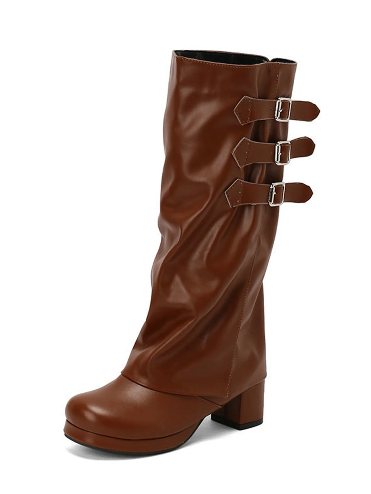 Buckle Fold Block Heel Mid-calf Boots