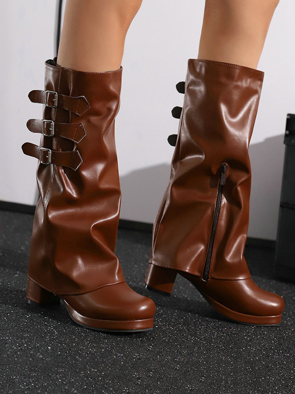 Buckle Fold Block Heel Mid-calf Boots