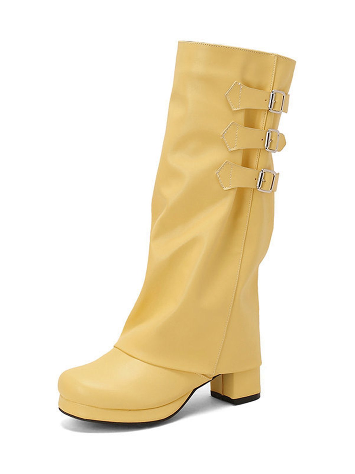 Buckle Fold Block Heel Mid-calf Boots