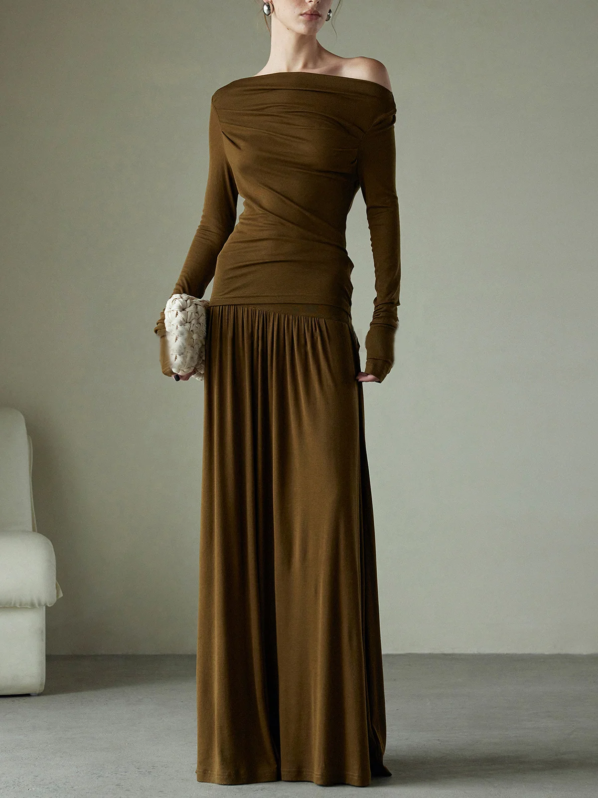 Daily High Waist Ruched Plain  Maxi Skirt