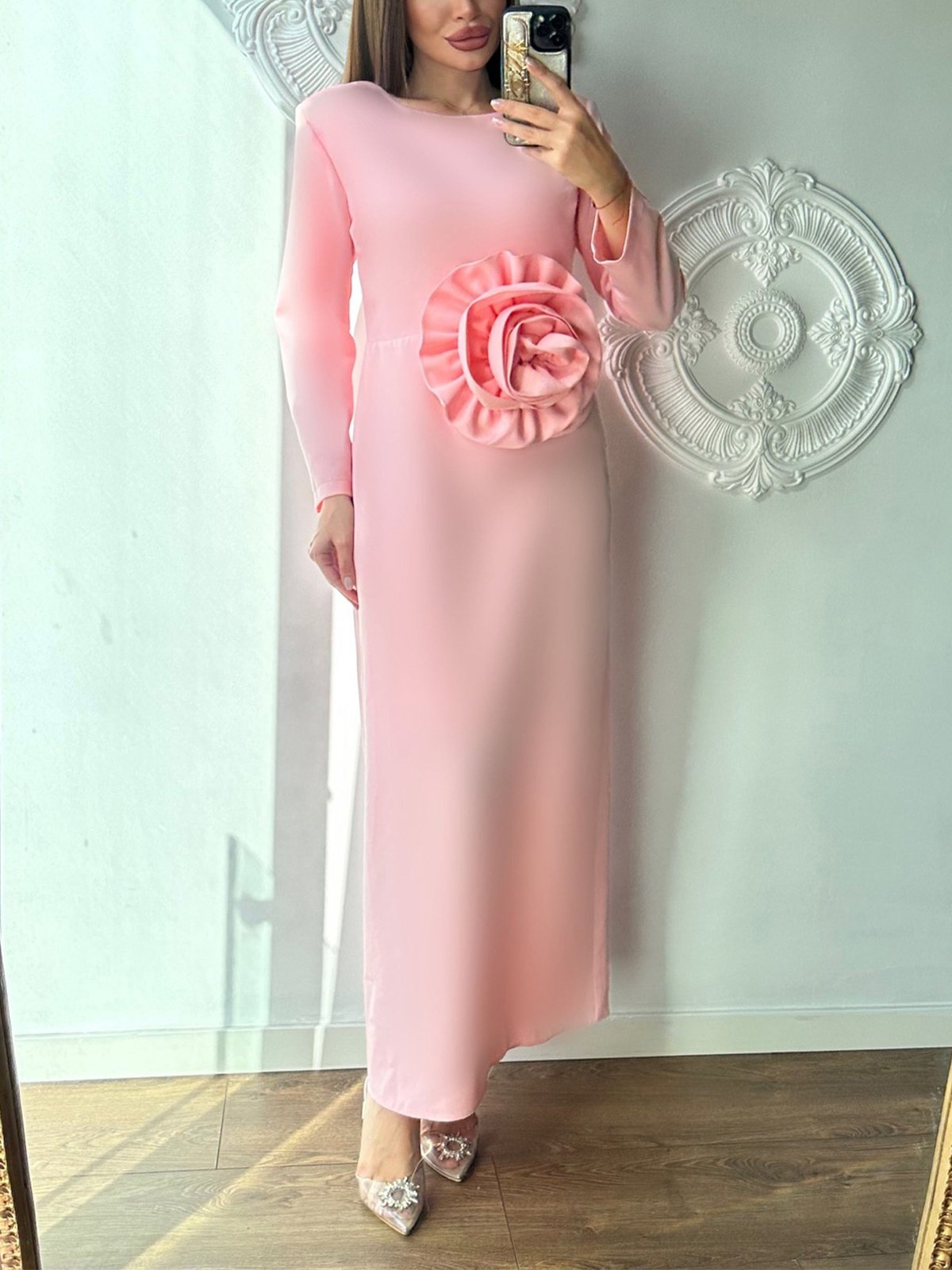 Long Sleeve Regular Fit Elegant Plain Party Maxi Dress With Brooch