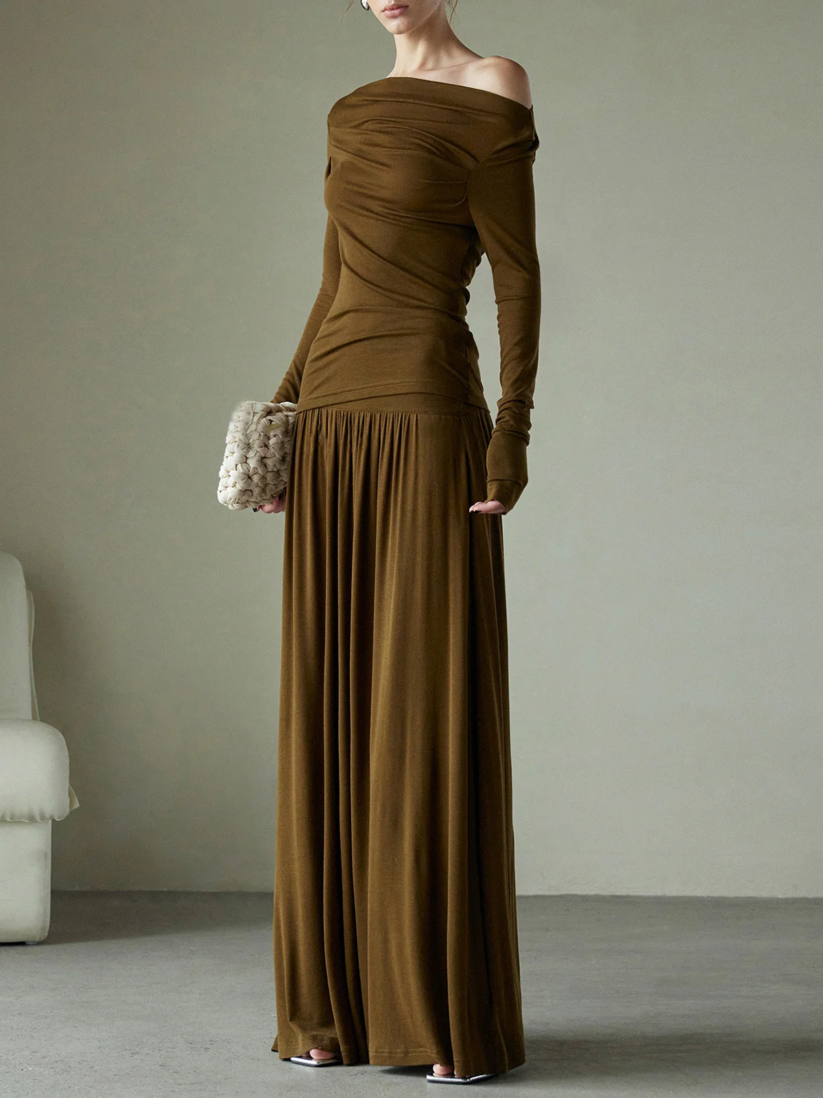 Daily High Waist Ruched Plain  Maxi Skirt